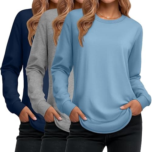 Ficerd 3 Pack Women's Long Sleeve Shirts, Cotton Crew Neck Tunic Tops Casual Loose Fit Pullover Sweatshirts Curved Hem Shirts - Image 1