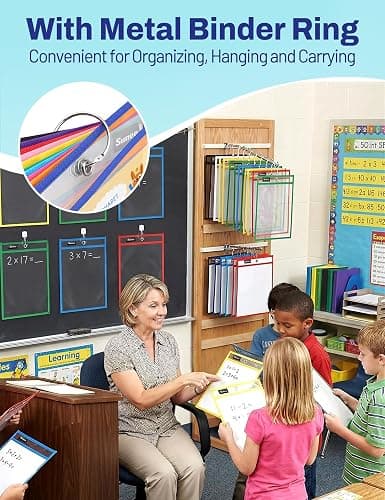 SUNEE 6 Packs Oversized Reusable Dry Erase Pocket Sleeves with Binder Ring, 6 Assorted Colors 10x14 Ticket Holders, Clear Plastic Sheet Protectors, Teacher School Classroom Supplies thumbnail 6