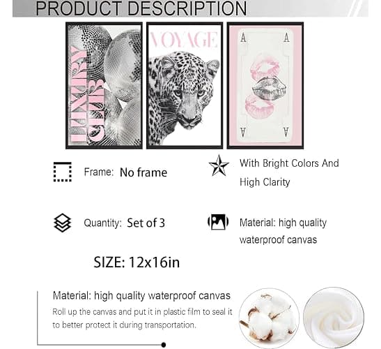 3PCS Pink Fashion Leopard Print Wall Art,Pink Black White Trendy Girly Canvas Posters,Aesthetic Pink Lip Print & Disco Ball Wall Decor for Teenage Girls' Bedrooms,University Dormitories,Apartment,Living Rooms and Dressing Rooms 12x16in Unframed thumbnail 2