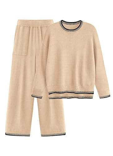 PRETTYGARDEN Women's 2 Piece Knit Sweater Outfit Casual Long Sleeve Pullover Wide Leg Pants Tracksuit Loungewear Set - Image 1