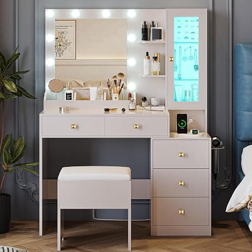 Vanity Desk with Mirror and Lights, Makeup Vanity Table Set with 5 Storage Drawers, Power Outlet & Chair, Small Dressing Table with RGB Ambient Light, Adjustable Brightness for Girls Bedroom, White thumbnail 9