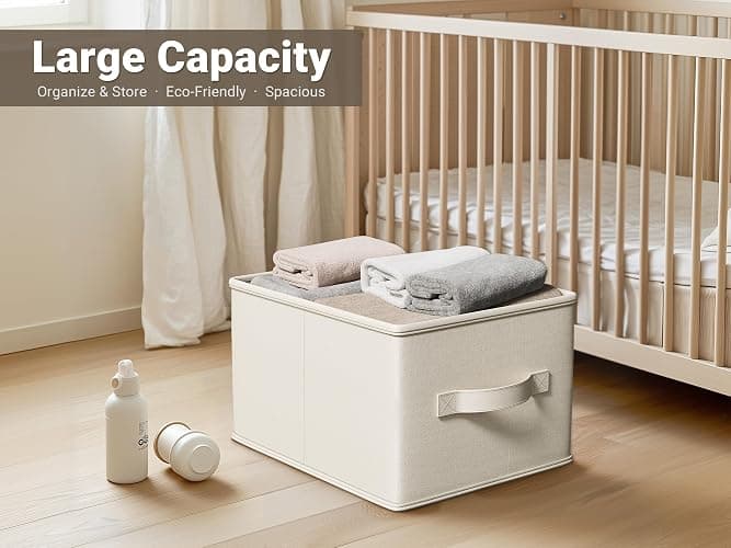 LayerSpace 3 Pack Fabric Storage Bins for Shelves | 14¾" L*10¼" W*8¼" H Closet Storage Bins | Collapsible Closet Organizers for Clothes | Linen Clothes Bins | White & Ivory thumbnail 4