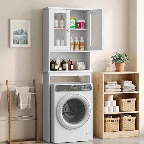 Shintenchi Over the Toilet Storage Cabinet, Bathroom Shelf Organizer with Anti-Tip Device, Small Freestanding Space Saver with Adjustable Shelf and Glass Door, White thumbnail 6