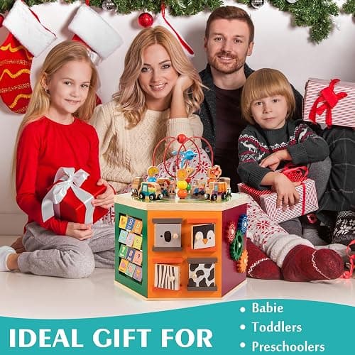 Large Activity Cube, 9-in-1 Farm-Themed Wooden Play Center, Multipurpose Montessori Toy for 1-2 Year Old Baby Toddler Kid, First Birthday Gift | Bonus Magnetic Train Cars thumbnail 2