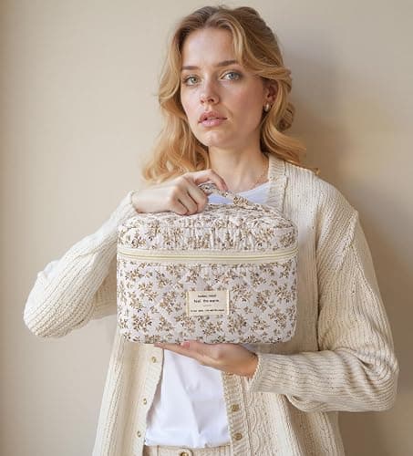 HBselect Quilted Makeup Bag, 3PCS Cotton Large Travel Makeup Bag, Cute Floral Coquette Make up Bag Cosmetic Bag Toiletry Bag for Women Girls thumbnail 7
