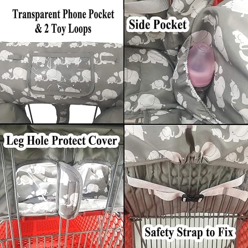 Soft Pillow Attached 2-in-1 Shopping Cart and High Chair Cover for Baby, Cotton Padded Cart Cover, Fold'n Roll Style, Portable with Carry Bag (Gray Elephant) thumbnail 5
