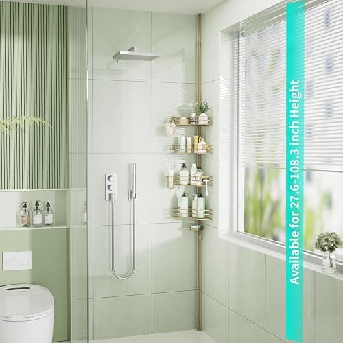 HapiRm Corner Shower Caddy Organizer - Shower Organizer Corner with Soap Holder, Toothbrush Holder and 4 Hooks, Rustproof Bathroom Shelf Tension Pole Available for 27.6 to 108.3 Inch - Gold thumbnail 4