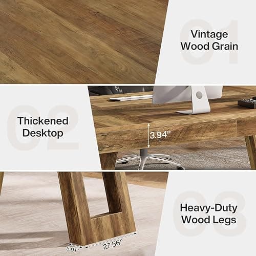 Tribesigns 63 Inches Wood Executive Desk, Large Home Office Computer Desk with Double Pedestal, Industrial Study Writing Table, Business Workstation for PC Laptop, Rustic Brown thumbnail 7
