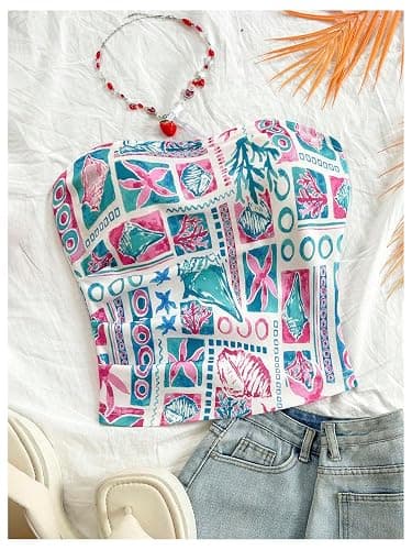 SOLY HUX Women's Summer Bandeau Tube Tops Boho Printed Strapless Fitted Crop Vest Shirts thumbnail 2