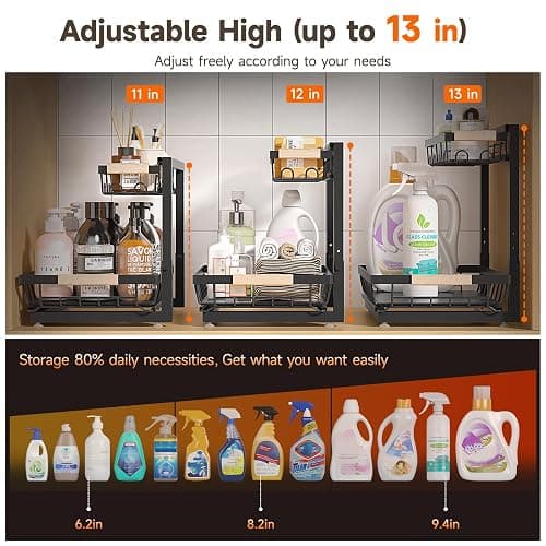 Sevenblue 2 Packs Under Sink Organizer, Height Adjustable 2 Tier Under Kitchen Sink Organizer, Multi-Purpose Storage Shelf for Kitchen Bathroom Cabinet (Black, Large) thumbnail 3