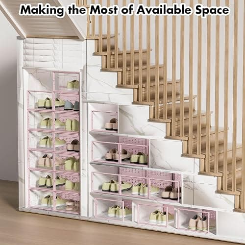 Foluck Shoe Storage Box, 15 Pack Clear Plastic Stackable Shoe Organizer for Closet, Interlocking Design Shoe Container Bins for Sneakers, Foldable Shoe Rack with Lids, Pink thumbnail 7