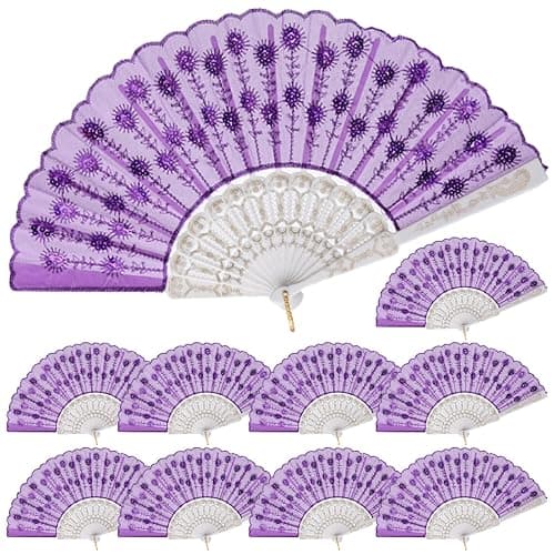 QIRMIZI 10 PACK Fabric Folding Handheld Fans, Perfect for Weddings, Parties, and Dancing,Purple - Image 1