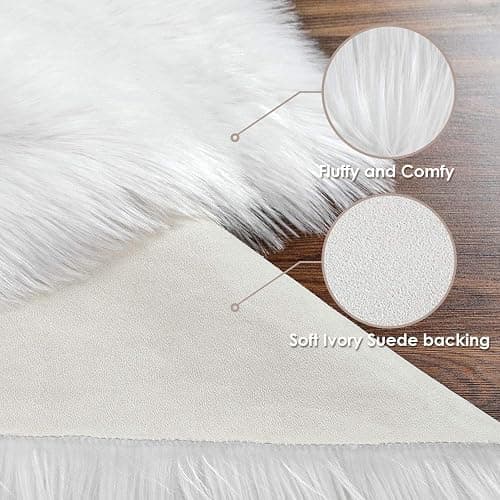 Faux Sheepskin Fluffy Rug, Soft White Shag Carpet for Bedroom, Living Room, Kids Room Decor, Non-Slip Runner Rug for Hallway, Cozy Faux Fur Floor Mat　 (White, 2x3Ft) thumbnail 3