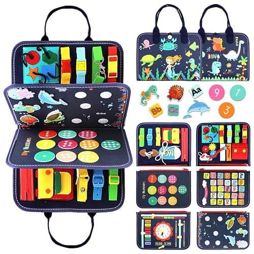 Qizfun Montessori Busy Board & Busy Book for Toddlers – Sensory & Learning Toy That Keeps Kids Busy, Travel Toy for Airplane & Car, Screen for Boys & Girls (Blue/P4) - Image 1