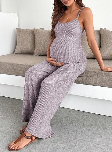 BLENCOT Maternity Ribbed Jumpsuit Stretchy One Piece Wide Leg Romper | Women's Sleeveless Square Neck Adjustable Strap High Waist Casual Lounge Sets Pregnancy Clothes Fashion 2026 thumbnail 8