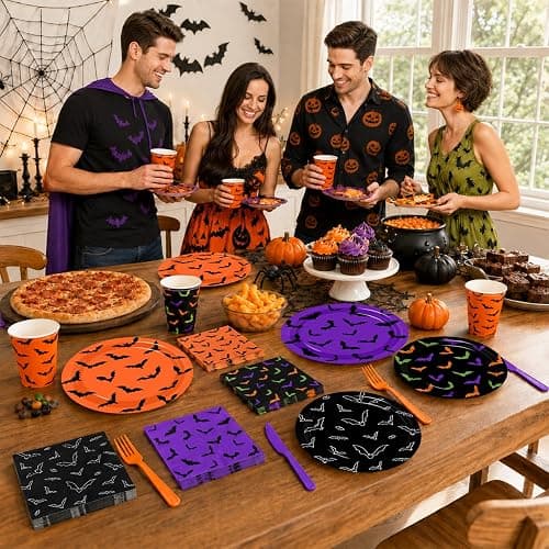 Halloween Plates and Cups Napkins, Spooky Halloween Black Bat Tableware | 144Pcs Halloween Party Plates and Napkins, Halloween Decorations Bat Tableware Set for Birthday Holiday Decor Party Supplies thumbnail 4