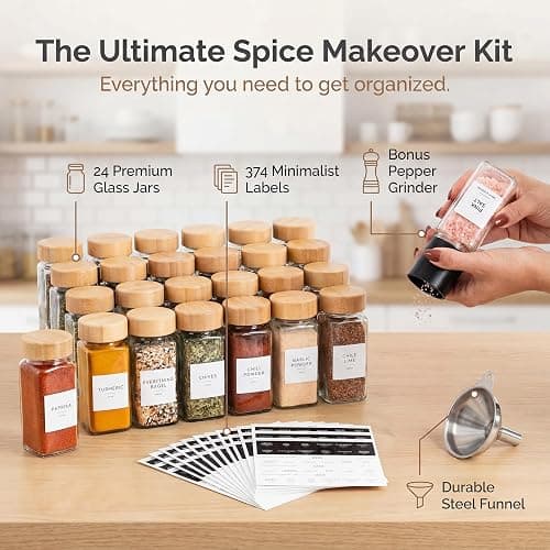 SAVVY & SORTED Glass Spice Jars with Label, 24PK Bamboo Jar Spices Set 4oz, 374 Spice Labels, Pepper Grinder, Empty Herb Seasoning Containers, Funnel and Shaker Lids thumbnail 3