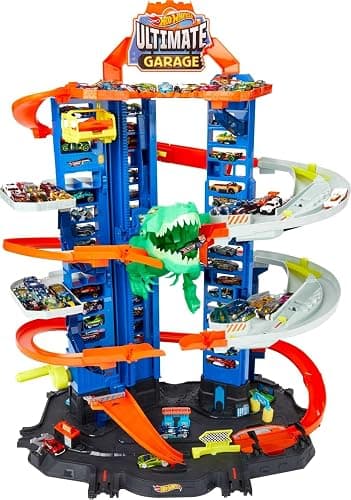 Hot Wheels Ultimate Garage Track Set with 2 Toy Cars, Hot Wheels City Playset with Multi-Level Side-by-Side Racetrack, Moving T-Rex Dino & Storage for 100+ 1:64 Scale Vehicles (Amazon Exclusive) thumbnail 4