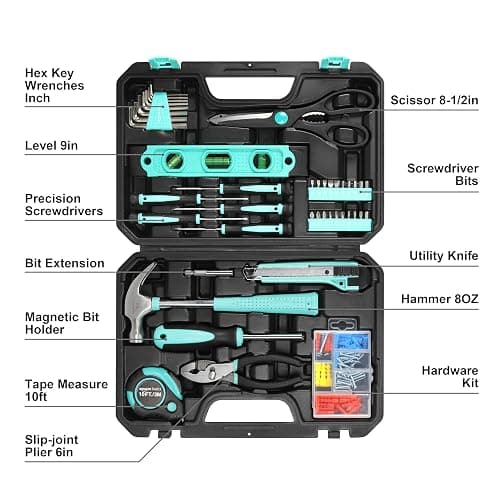 Amazon Basics Household Tool Kit With Storage Case, 142 Piece, Turquoise, 13.39 x 9.25 x 2.95 inch thumbnail 5
