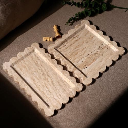 Natural 100% Marble Vanity Tray Luxury Scalloped Marble Storage Rectangle Italian Travertine Tray for Home Decor Stone Tray for Bathroom/Kitchen/Candle Key (Rectangle-11.8 * 7.4-Beige Travertine) thumbnail 2