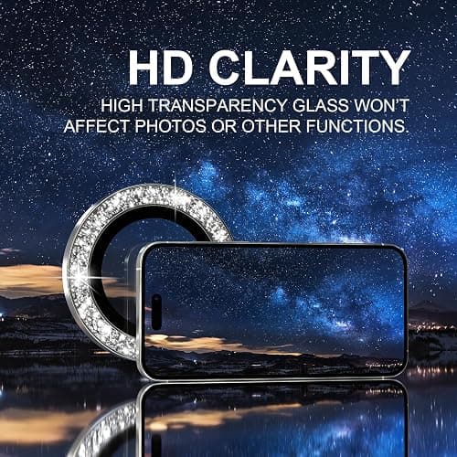 Choiche Compatible for iPhone 16 Pro/iPhone 16 Pro Max Camera Lens Protector Bling, 9H Tempered Glass Camera Cover Screen Protector Metal Ring Decoration Accessories (Glitter-Silver) thumbnail 5