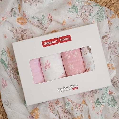 GLLQUEN BABY Muslin Swaddle Blankets 4-Pack Breathable Receiving Blankets (35" x 40") Soft Baby Blankets for Girls and Boys Newborn Essentials Muslin Burp Cloths Swaddle Wrap Baby Gift(Pink Elephant) thumbnail 6