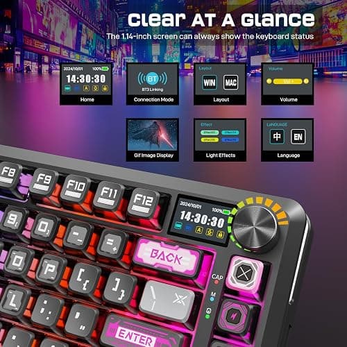 Redragon Wireless Mechanical Gaming Keyboard - Gasket-Mounted RGB Backlit, Custom Keys, 3-Mode(Bluetooth/2.4G/USB), Hot-Swap Pre-Lubed Switches, Screen & Control Knob - Cyber Mecha Style, Plasma Arc thumbnail 2