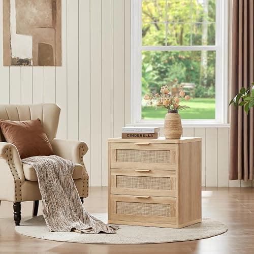 LEYAOYAO Rattan Night Stand Set of 2 with Drawers, 23" Large 3 Drawer Boho Nightstand, Natural Wood Bedside Table Storage Cabinet, Bed Side End Tables Dresser for Bedroom, Living Room, Hallway, Closet thumbnail 7