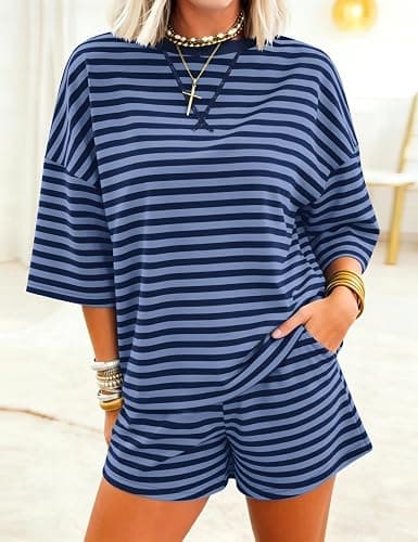 MISSACTIVER Womens 2 Piece Lounge Sets Striped Oversized Matching Tops and Shorts Summer Workout Vacation Outfits Pajamas Set thumbnail 6