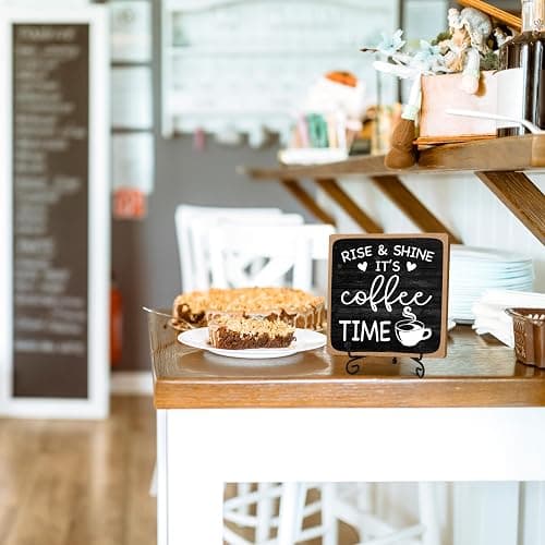 Farmhouse Coffee Bar Sign, Rise & Shine It's Coffee Time, 5"x5" Wood Plaque with Stand Gift for Home Kitchen Tabletop Decor -B09 thumbnail 4