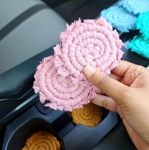 Cotton Car Coasters for Cup Holders, 2PC Car Cup Coasters, Drink Coaster Holder, Cute cupholder Coaster Accessories for Women, Macrame, Boho(Champagne Pink) thumbnail 2