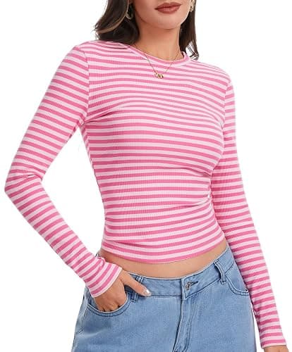 Eyanse Ribbed Long Sleeve Tops for Women,Stretch Striped Shirt Slim Fit Tee thumbnail 4