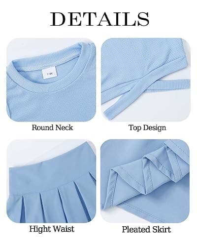 YOURUIKEY Cute Clothes for Girls Crisscross Crop Tank Top Pleated Skirt Tween Girl Trendy Summer Outfit Kid Clothing Set 7-14 - A-blue - 7-8Y thumbnail 4