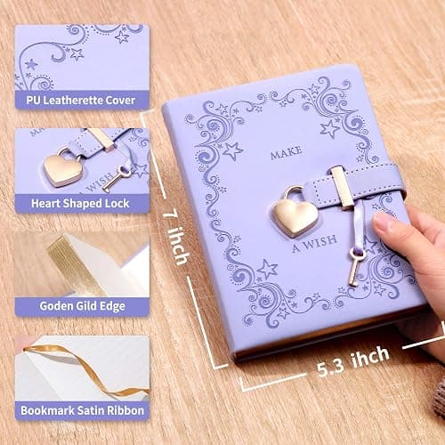 CAGIE Girls and Boys Diary with Lock and 2 Keys Heart-Shaped Locking Diary Journal for Women Purple Secret Locked Diary Notebook for Kids, 5.3 x 7 Inch, Gold Gilded Edges thumbnail 3
