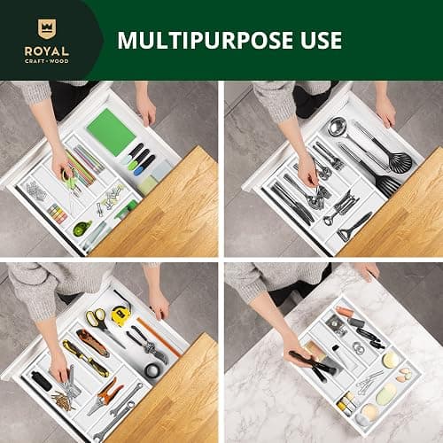 ROYAL CRAFT WOOD Luxury Bamboo Kitchen Drawer Organizer - Silverware Organizer - Utensil Holder and Cutlery Tray with Grooved Drawer Dividers for Flatware and Kitchen Utensils (7 Slot, White) thumbnail 8