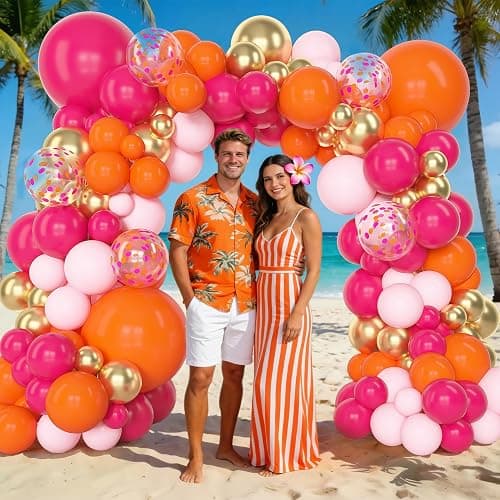 Amandir 153Pcs Pink and Orange Balloon Arch Kit, Different Sizes 18 12 10 5 Inch Metallic Gold Sunset Hot Pink Orange Confetti Latex Balloons Birthday Summer Tropical Graduation Party Decorations thumbnail 6