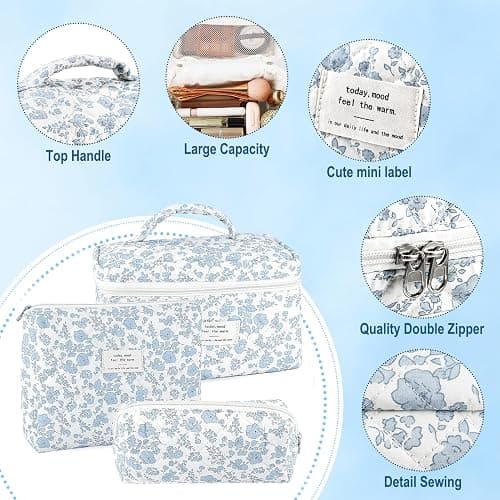 URSKYTOUS 3Pcs Makeup Bag Quilted Cosmetic Bag Set Bow Travel Large Makeup Pouch for Women Cute Portable Cotton Toiletry Bag Skincare Organizer Coquette Vintage Travel Essential thumbnail 5