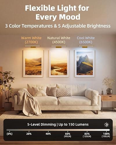 EZVALO Picture Light for Wall, 4800mAh Rechargeable Wireless Remote, 16in Dimmable Magnetic LED Art Display Light with 3 Color Temperatures, for Gallery, Living Room, Bedroom, Hallway (Gold) thumbnail 6