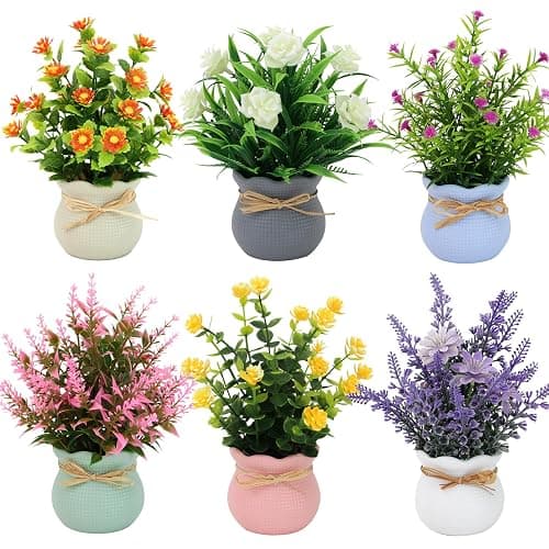 Yoratee 6PCS Artificial Flowers Pot Small Fake Plants with Mini Potted Plants for Home Office Tabletop Centerpiece Decoration - Image 1