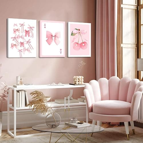 Trendy Pink Bows Canvas Wall Art Set of 3, Vintage Preppy Cherry Posters Prints, Pink Girly Room Aesthetic Wall Decor Painting for College Apartment Living Room Bedroom 12x16 In Framed thumbnail 2
