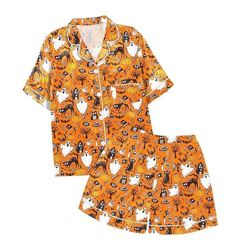 Short Pajama Set for Women 2025 Halloween Costume Graphic Button Up Sleepwears Ladies Ctue 2 Piece Top and Shorts Pjs Sets - 112-gold - XX-Large thumbnail 4