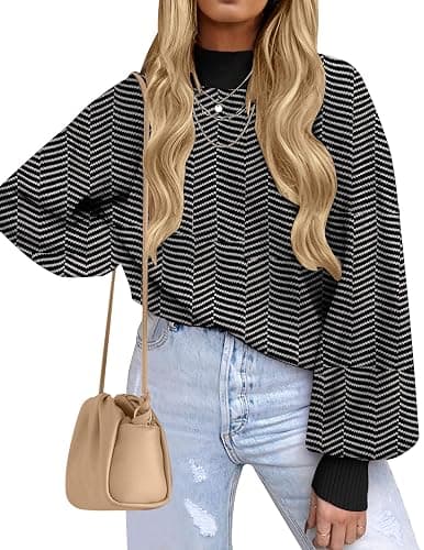 ZESICA Women's 2025 Fall Fashion Turtleneck Long Sleeve Striped Ribbed Knit Loose Pullover Sweater Tops - Image 1