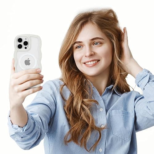 QLTYPRI Magnetic for iPhone 16 Pro Case Compatible with Magsafe, Cute Curly Wave Frame Clear Case for Girls Women, Transparent TPU Bumper Shockproof Protective Phone Cover - White thumbnail 7
