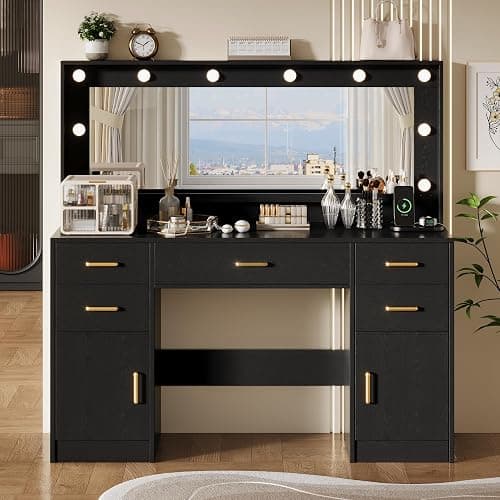 TOKSOM 44.8" Large Vanity Desk with Lighted Mirror & Power Outlet, Black Makeup Vanity Desk with Mirror and Lights, Black Vanity Table with 5 Drawers and 2 Cabinets, Dressing Table for Bedroom thumbnail 9