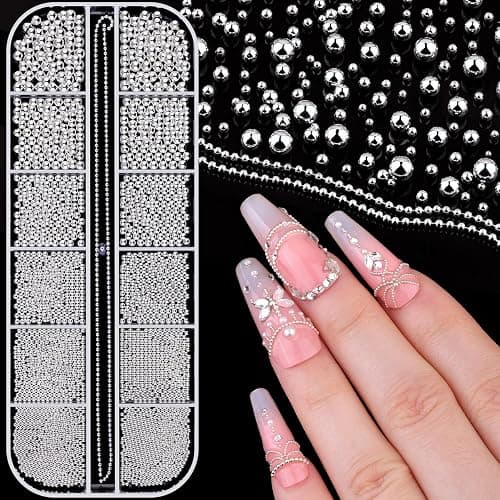1-3MM Mini Small Nail Beads Metal Caviar Bead Silver Nail Charms and Gems Ball, Nail Chain for Nail Art Accessories Supplies Silver Rhinestones for Women Manicure - Image 1