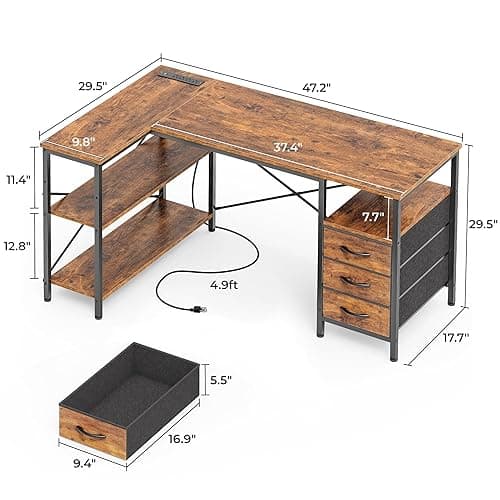 Huuger L Shaped Desk with Power Outlets, Computer Desk with 3 Drawers, 47 Inch Office Desk with Shelves, Gaming Desk, Corner Desk Work Desk for Home Office, Study, Rustic Brown - Rustic Brown - 47inch thumbnail 3