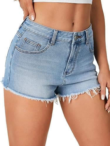 Vrtige Women's High Waisted Denim Shorts Frayed Raw Hem Jeans Shorts thumbnail 5