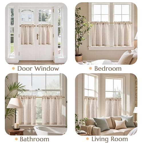 jinchan Striped Linen Kitchen Curtains 24 Inches Length Tier Curtains Farmhouse Modern Cafe Style Small Window Treatments Airy Light Filtering Rod Pocket for Living Room Bathroom 2 Panels Tan thumbnail 5