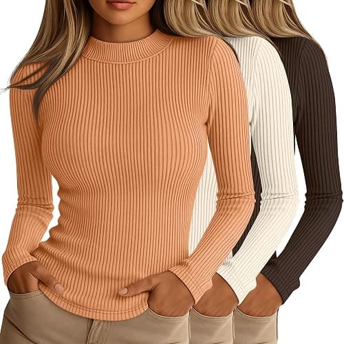 Riyiper 3 Pack Women's Mock Neck Tops Ribbed Long Sleeve Shirts | Mock Turtlenecks, Slim Fitted Undershirts, Basic Workout Layering Tees, Turtle Necks Blouses, Ladies' Business Casual Clothes - Image 1
