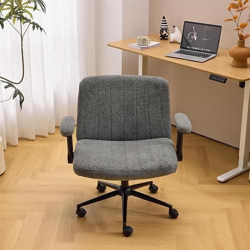 VINGLI Criss Cross Chair with Adjustable Flip-Up Arms,Cross Legged Chair with Wheels, Extra Wide Office Chair,Cozy Desk Chair for Home Office, Vanity, Apartment,Chenille Velvet,Grey thumbnail 4